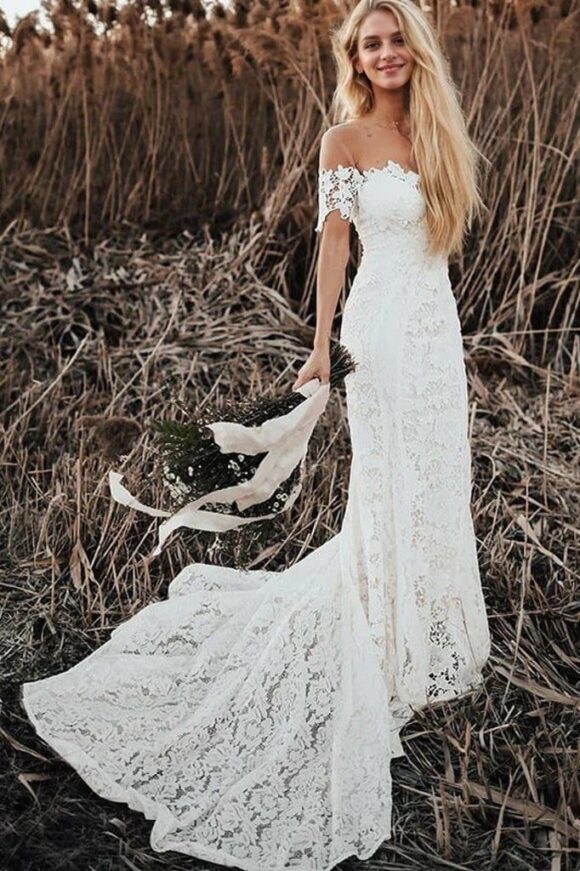 Trumpet/Mermaid Lace Applique Off-the-Shoulder Short Sleeves Court Train Wedding Dresses-0 Trumpet/Mermaid Lace Applique Off-the-Shoulder Short Sleeves Court Train Wedding Dresses-0