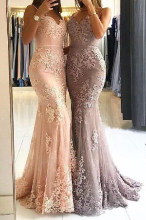 Trumpet/Mermaid Sweetheart Sleeveless Long/Floor-Length Tulle Prom Dresses With Appliqued-0