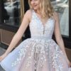 Short/Mini A-line V Neck Lace Tulle Homecoming Dress With Appliqued Beading-644