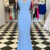 Trumpet/Mermaid Scalloped Neck Sleeveless Sweep Train Elastic Satin Blue Prom Dresses With Appliqued-0