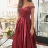 Satin Prom Dresses A-Line/Princess Off-The-Shoulder Long/Floor-Length With Beaded