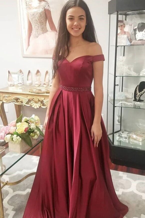 Satin Prom Dresses A-Line/Princess Off-The-Shoulder Long/Floor-Length With Beaded Satin Prom Dresses A-Line/Princess Off-The-Shoulder Long/Floor-Length With Beaded