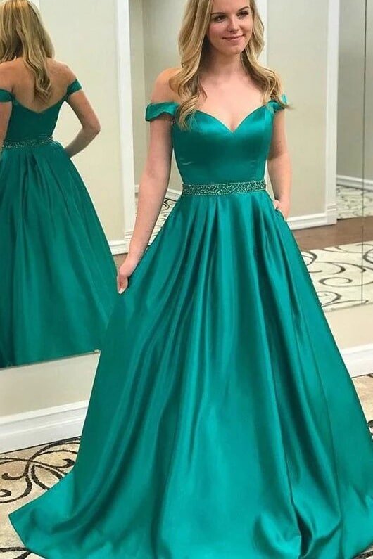 Satin Prom Dresses A-Line/Princess Off-The-Shoulder Long/Floor-Length With Beaded Satin Prom Dresses A-Line/Princess Off-The-Shoulder Long/Floor-Length With Beaded