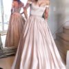 Satin Prom Dresses A-Line/Princess Off-The-Shoulder Long/Floor-Length With Beaded