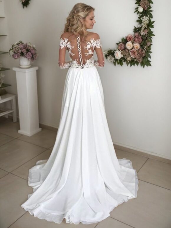 A-Line/Princess Chiffon Applique Scoop Long Sleeves Sweep/Brush Train Wedding Dresses-668 A-Line/Princess Chiffon Applique Scoop Long Sleeves Sweep/Brush Train Wedding Dresses-668
