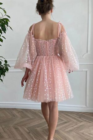 A-line Princess Sweetheart Full/Long Sleeve Short/Mini Tulle Homecoming Dress with Pleated Sequins-588