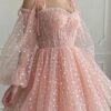 A-line Princess Sweetheart Full/Long Sleeve Short/Mini Tulle Homecoming Dress with Pleated Sequins-0