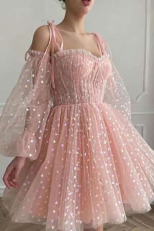 A-line Princess Sweetheart Full/Long Sleeve Short/Mini Tulle Homecoming Dress with Pleated Sequins-0