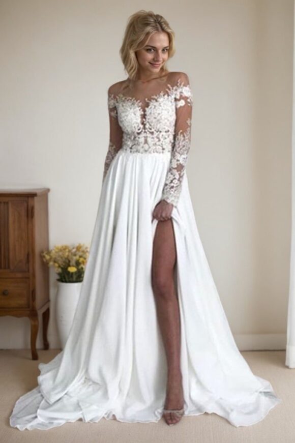 A-Line/Princess Chiffon Applique Scoop Long Sleeves Sweep/Brush Train Wedding Dresses-0 A-Line/Princess Chiffon Applique Scoop Long Sleeves Sweep/Brush Train Wedding Dresses-0