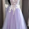 A-line V Neck Long/Floor-Length Tulle Prom Dresses With Appliqued Lace-0