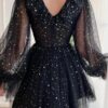 A-line V Neck Full/Long Sleeve Short/Mini Tulle Homecoming Dress with Sequins-590
