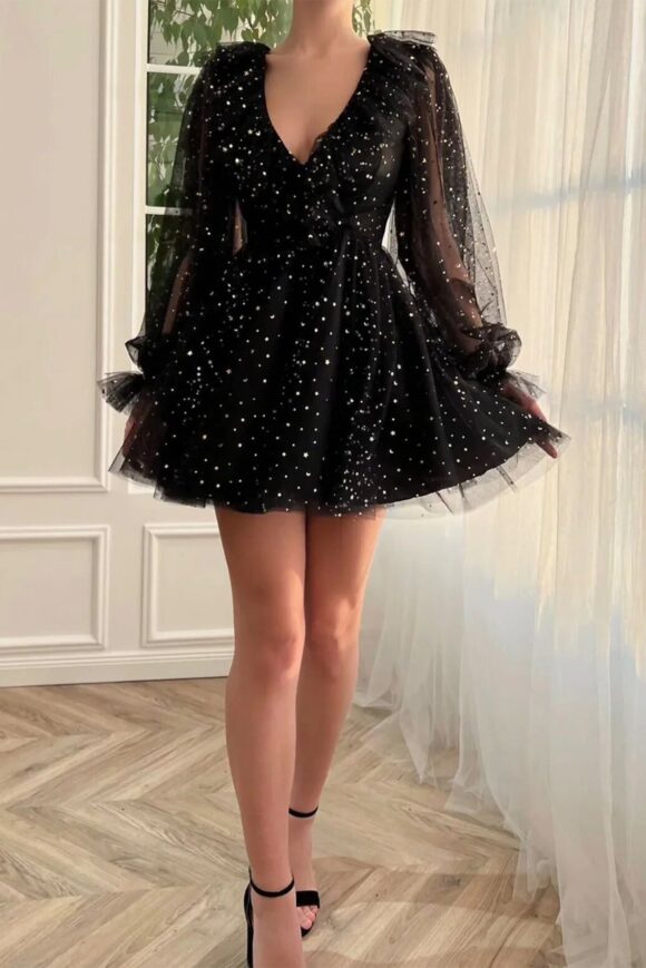 A-line V Neck Full/Long Sleeve Short/Mini Tulle Homecoming Dress with Sequins-591 A-line V Neck Full/Long Sleeve Short/Mini Tulle Homecoming Dress with Sequins-591