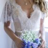 A-Line/Princess Lace Sash/Ribbon/Belt V-neck Short Sleeves Sweep/Brush Train Wedding Dresses-693
