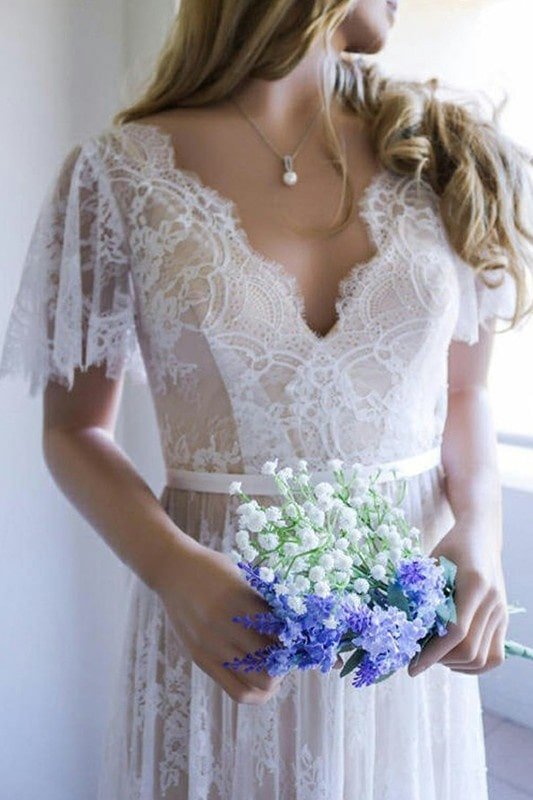 A-Line/Princess Lace Sash/Ribbon/Belt V-neck Short Sleeves Sweep/Brush Train Wedding Dresses-693 A-Line/Princess Lace Sash/Ribbon/Belt V-neck Short Sleeves Sweep/Brush Train Wedding Dresses-693