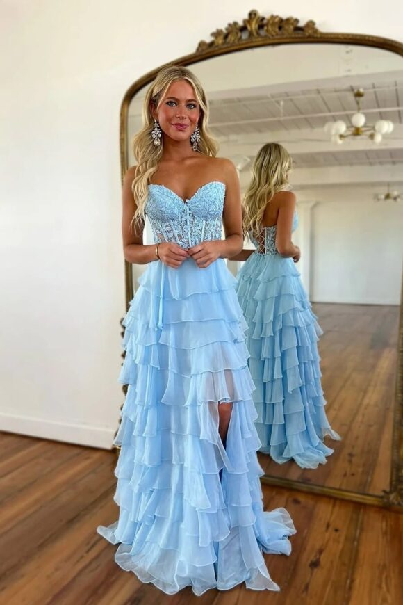 A-line/Princess Chiffon Fuchsia Sweetheart Tiered Ruffles Prom Dress with Slit Applique-825 A-line/Princess Chiffon Fuchsia Sweetheart Tiered Ruffles Prom Dress with Slit Applique-825