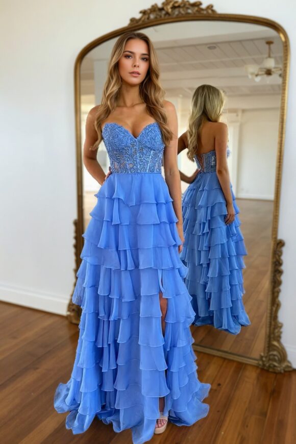 A-line/Princess Chiffon Fuchsia Sweetheart Tiered Ruffles Prom Dress with Slit Applique-826 A-line/Princess Chiffon Fuchsia Sweetheart Tiered Ruffles Prom Dress with Slit Applique-826