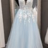 A-line V Neck Long/Floor-Length Tulle Prom Dresses With Appliqued Lace-469