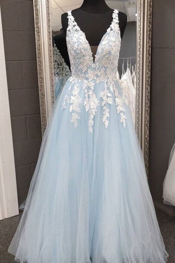 A-line V Neck Long/Floor-Length Tulle Prom Dresses With Appliqued Lace-469 A-line V Neck Long/Floor-Length Tulle Prom Dresses With Appliqued Lace-469