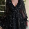 A-line V Neck Full/Long Sleeve Short/Mini Tulle Homecoming Dress with Sequins-0