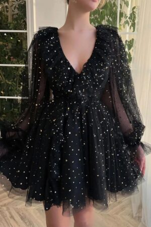 A-line V Neck Full/Long Sleeve Short/Mini Tulle Homecoming Dress with Sequins-0
