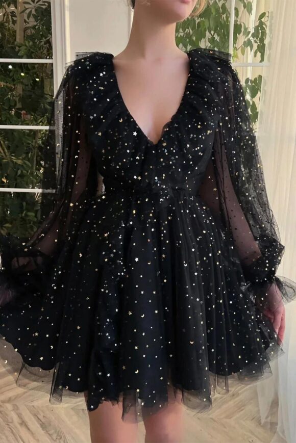 A-line V Neck Full/Long Sleeve Short/Mini Tulle Homecoming Dress with Sequins-0 A-line V Neck Full/Long Sleeve Short/Mini Tulle Homecoming Dress with Sequins-0