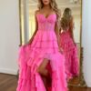 A-line/Princess Chiffon Fuchsia Sweetheart Tiered Ruffles Prom Dress with Slit Applique-0