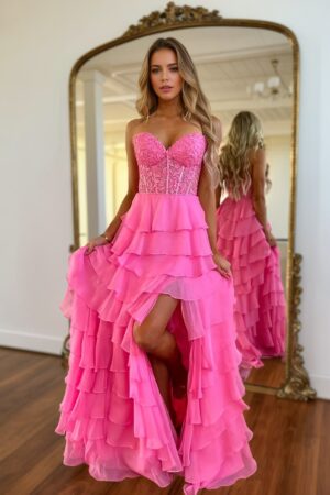 A-line/Princess Chiffon Fuchsia Sweetheart Tiered Ruffles Prom Dress with Slit Applique-0