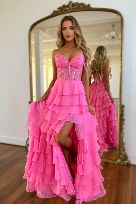 A-line/Princess Chiffon Fuchsia Sweetheart Tiered Ruffles Prom Dress with Slit Applique-0 A-line/Princess Chiffon Fuchsia Sweetheart Tiered Ruffles Prom Dress with Slit Applique-0