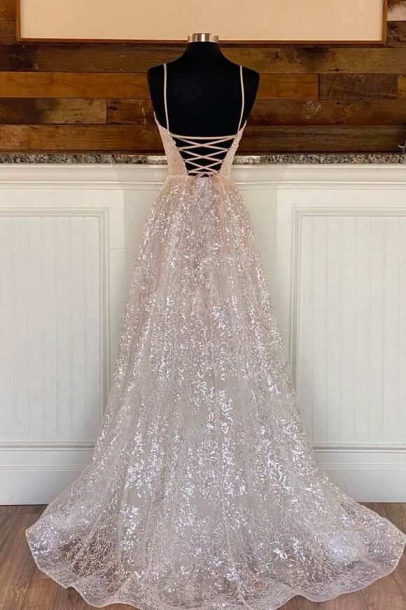 A-Line/Princess V Nec Sleeveless Sparkly Prom Dresses Long Lace Formal Evening Gowns A-Line/Princess V Nec Sleeveless Sparkly Prom Dresses Long Lace Formal Evening Gowns