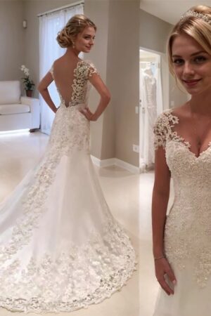 Trumpet/Mermaid Short Sleeves Sweetheart Court Train Lace Wedding Dresses-0