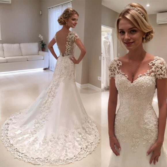 Trumpet/Mermaid Short Sleeves Sweetheart Court Train Lace Wedding Dresses-0 Trumpet/Mermaid Short Sleeves Sweetheart Court Train Lace Wedding Dresses-0