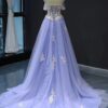 A-line Princess Off-the-Shoulder Sweep Train Tulle Satin Prom Dresses With Appliqued-473