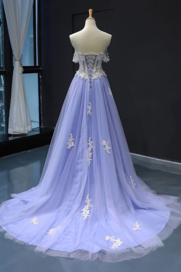 A-line Princess Off-the-Shoulder Sweep Train Tulle Satin Prom Dresses With Appliqued-473 A-line Princess Off-the-Shoulder Sweep Train Tulle Satin Prom Dresses With Appliqued-473