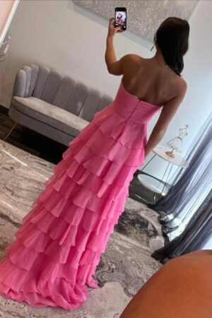 A-line/Princess Chiffon Fuchsia Sweetheart Tiered Ruffles Prom Dress with Slit-813