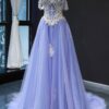 A-line Princess Off-the-Shoulder Sweep Train Tulle Satin Prom Dresses With Appliqued-0