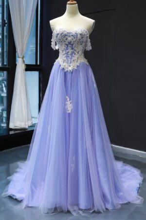 A-line Princess Off-the-Shoulder Sweep Train Tulle Satin Prom Dresses With Appliqued-0
