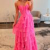A-line/Princess Chiffon Fuchsia Sweetheart Tiered Ruffles Prom Dress with Slit-0