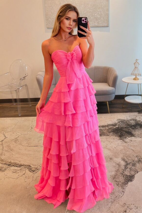 A-line/Princess Chiffon Fuchsia Sweetheart Tiered Ruffles Prom Dress with Slit-0 A-line/Princess Chiffon Fuchsia Sweetheart Tiered Ruffles Prom Dress with Slit-0