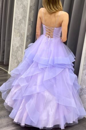 A-line V Neck Spaghetti Straps Long/Floor-Length Tulle Prom Dresses With Ruffles-475