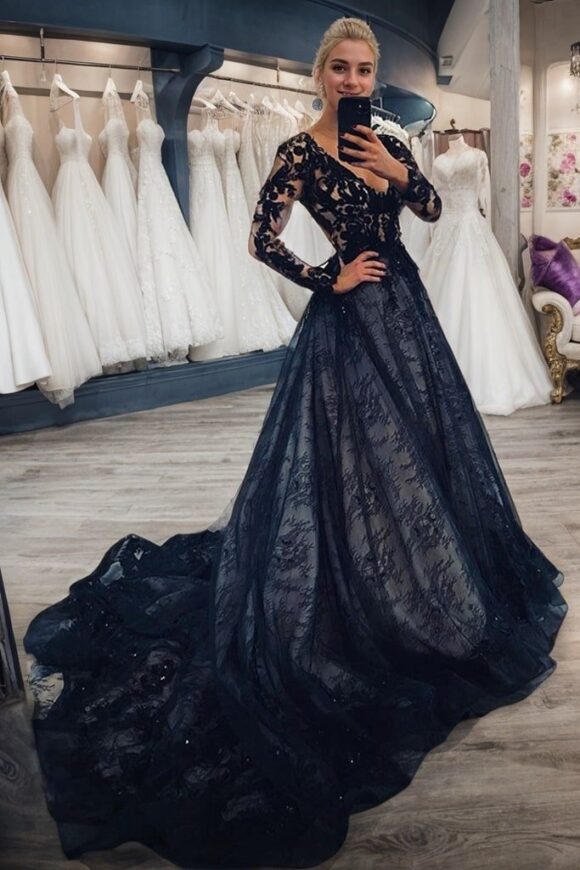 A-Line/Princess Lace Applique V-neck Long Sleeves Court Train Wedding Dresses-0 A-Line/Princess Lace Applique V-neck Long Sleeves Court Train Wedding Dresses-0