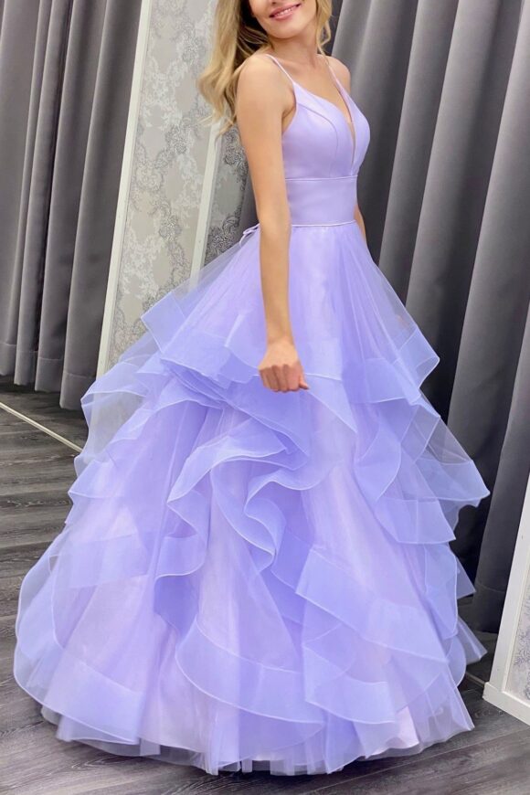 A-line V Neck Spaghetti Straps Long/Floor-Length Tulle Prom Dresses With Ruffles-476 A-line V Neck Spaghetti Straps Long/Floor-Length Tulle Prom Dresses With Ruffles-476