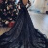 A-Line/Princess Lace Applique V-neck Long Sleeves Court Train Wedding Dresses-690
