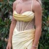 Sheath/Column Sweetheart Sleeveless Sweep Train Silk like Satin Prom Dresses with Pleated Split-830