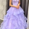 A-line V Neck Spaghetti Straps Long/Floor-Length Tulle Prom Dresses With Ruffles-0