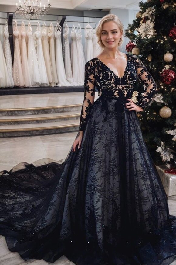 A-Line/Princess Lace Applique V-neck Long Sleeves Court Train Wedding Dresses-691 A-Line/Princess Lace Applique V-neck Long Sleeves Court Train Wedding Dresses-691