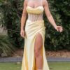 Sheath/Column Sweetheart Sleeveless Sweep Train Silk like Satin Prom Dresses with Pleated Split-0