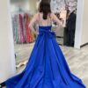 A-line V Neck Sleeveless Court Train Satin Prom Dresses With Bowknot Pleated Waistband-480