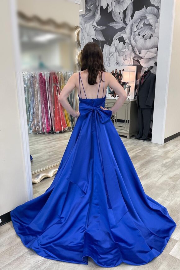 A-line V Neck Sleeveless Court Train Satin Prom Dresses With Bowknot Pleated Waistband-480 A-line V Neck Sleeveless Court Train Satin Prom Dresses With Bowknot Pleated Waistband-480