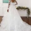 A-Line/Princess Tulle Lace V-neck Long Sleeves Sweep/Brush Train Wedding Dresses-696