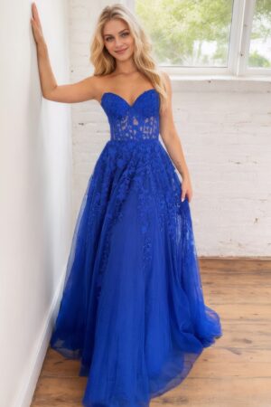 A-line/Princess Sweetheart Sleeveless Tulle Sweep Train Prom Dress With Appliqued-0